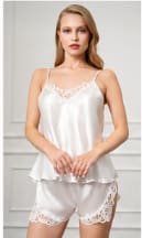 Women’s White Satin Cami and Shorts Sleepwear Set with Lace Trim