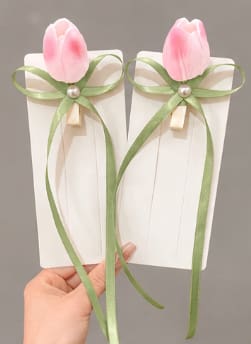 Pink Tulip Ribbon Hair Clips Set with Pearl Detail