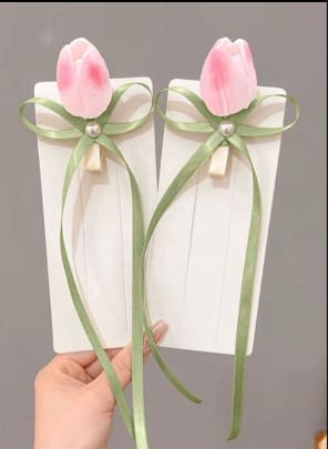 Pink Tulip Ribbon Hair Clips Set with Pearl Detail