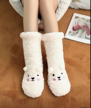 Women’s White Cartoon Coral Fleece Non-Slip Socks
