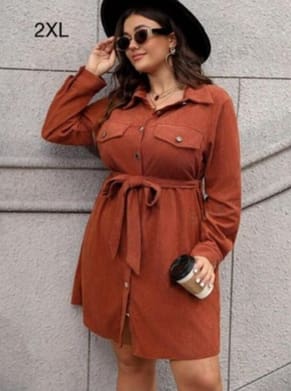 Women’s Plus Size Rust Belted Button Down Shirt Dress