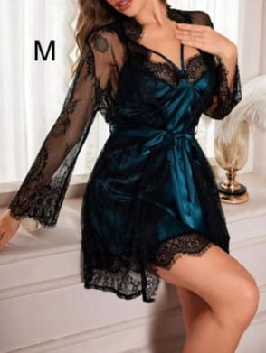 Women’s Dark Green Satin Lace Robe Sleepwear Set