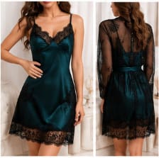 Women’s Dark Green Satin Lace Robe Sleepwear Set