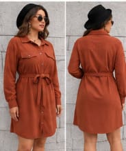 Women’s Plus Size Rust Belted Button Down Shirt Dress