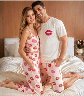Couples White Lip Print Matching Pajama Set