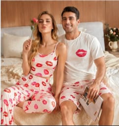 Couples White Lip Print Matching Pajama Set
