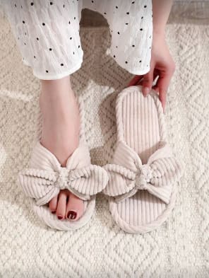 Women’s Beige Ribbed House Slippers – Soft Open Toe Indoor Slippers with Oversized Bow