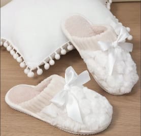 Women’s White Faux Fur House Slippers – Soft Plush Indoor Slippers with Bow Detail