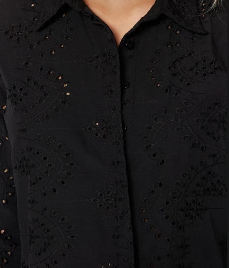 Women’s Black Eyelet Embroidered Shirt Dress – Long Sleeve Button Up Plus Size Tunic Dress