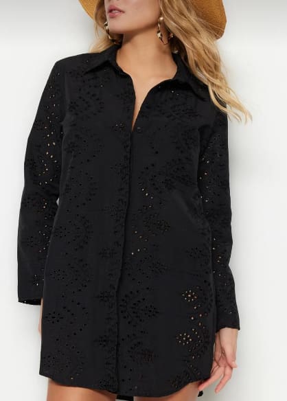 Women’s Black Eyelet Embroidered Shirt Dress – Long Sleeve Button Up Plus Size Tunic Dress