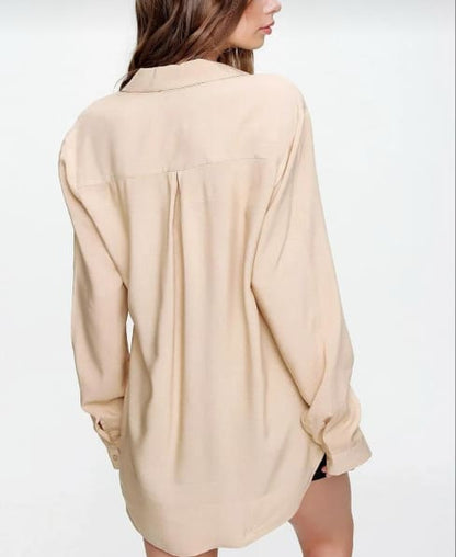 Women’s Beige Leopard Print Colorblock Blouse – Long Sleeve Button Up Shirt Top