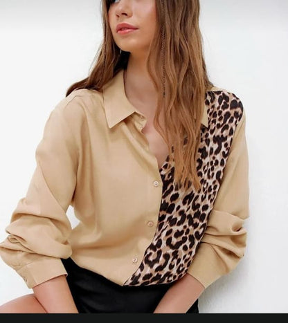 Women’s Beige Leopard Print Colorblock Blouse – Long Sleeve Button Up Shirt Top