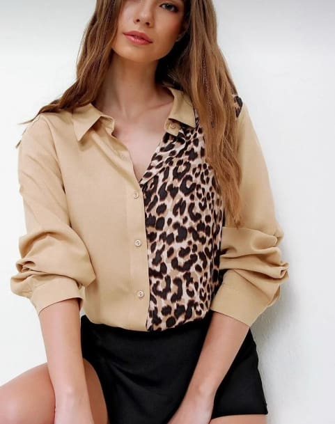 Women’s Beige Leopard Print Colorblock Blouse – Long Sleeve Button Up Shirt Top
