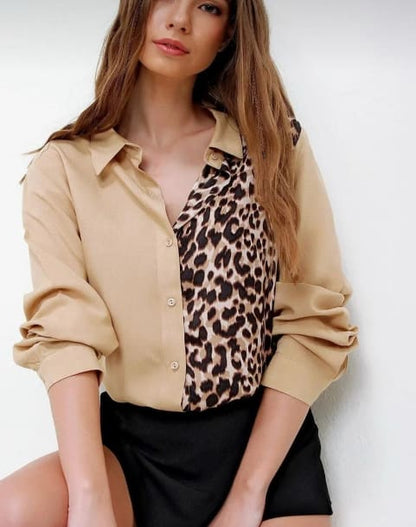 Women’s Beige Leopard Print Colorblock Blouse – Long Sleeve Button Up Shirt Top