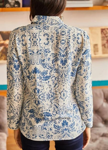 Women’s Blue Floral Viscose Button Up Shirt – Long Sleeve Lightweight Trendyol Blouse