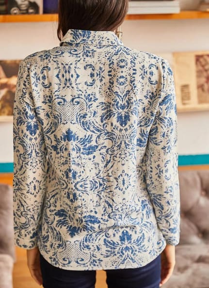 Women’s Blue Floral Viscose Button Up Shirt – Long Sleeve Lightweight Trendyol Blouse