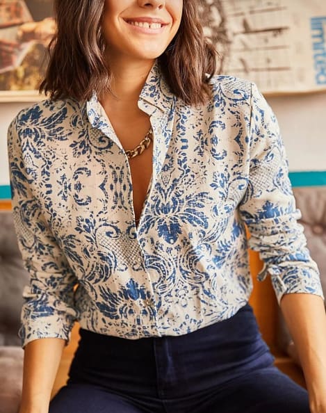 Women’s Blue Floral Viscose Button Up Shirt – Long Sleeve Lightweight Trendyol Blouse