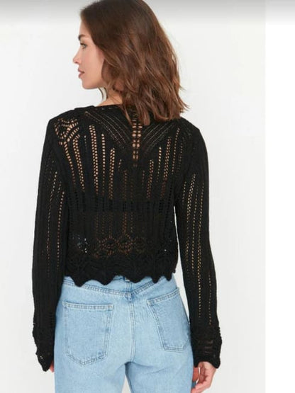 Women’s Black Crochet Knit Sweater – Long Sleeve Sheer Open Knit Pullover Top