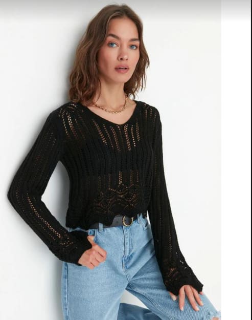 Women’s Black Crochet Knit Sweater – Long Sleeve Sheer Open Knit Pullover Top