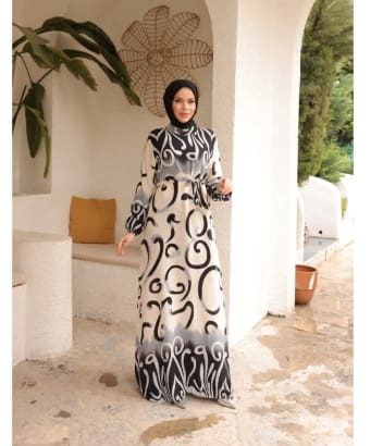 Women’s Abstract Print Maxi Dress – Long Sleeve Belted Modest Dress