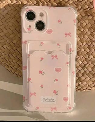 iPhone 15 Pro Max Clear Pink Floral Love Case with Card Holder – Shockproof Transparent Phone Cover