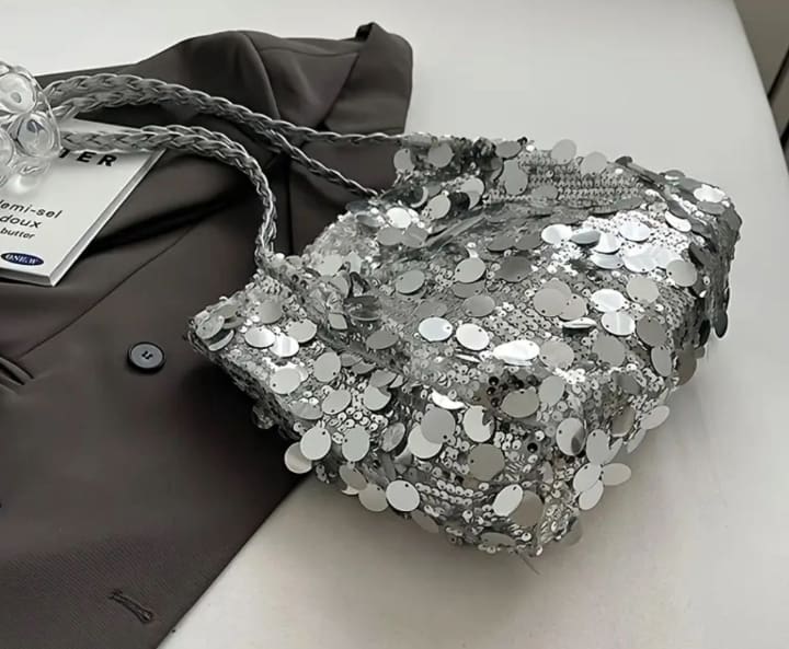 Silver Sequin Mini Shoulder Bag, White Sparkle Party Handbag with Braided Strap