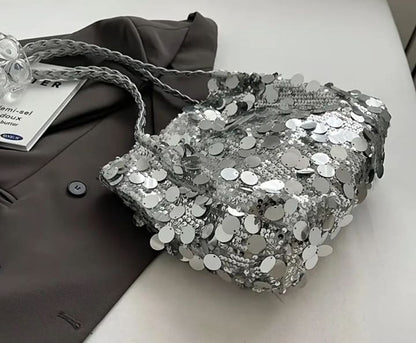 Silver Sequin Mini Shoulder Bag, White Sparkle Party Handbag with Braided Strap