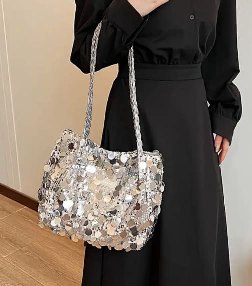 Silver Sequin Mini Shoulder Bag, White Sparkle Party Handbag with Braided Strap