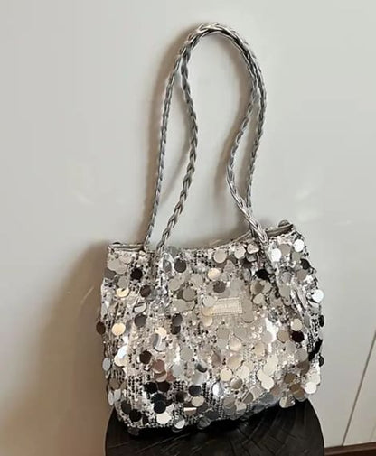 Silver Sequin Mini Shoulder Bag, White Sparkle Party Handbag with Braided Strap