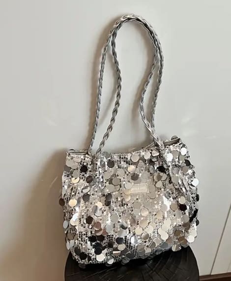 Silver Sequin Mini Shoulder Bag, White Sparkle Party Handbag with Braided Strap