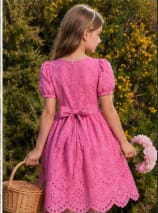 Girls Pink Embroidered Eyelet Puff Sleeve Dress – Floral Cutwork Summer Party Dress