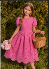 Girls Pink Embroidered Eyelet Puff Sleeve Dress – Floral Cutwork Summer Party Dress