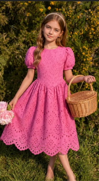Girls Pink Embroidered Eyelet Puff Sleeve Dress – Floral Cutwork Summer Party Dress
