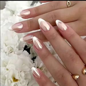 White French Tip Almond Press-On Nails, Glossy Nude False Nail Set