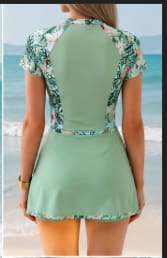 Mint Green Floral Zip-Front Modest Swimsuit Set – Short Sleeve Rash Guard with Skirted Shorts