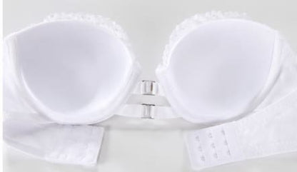 Women’s Strapless Front Closure Push Up Lace Bra – White Padded Backless Tube Bra for Off Shoulder Dresses