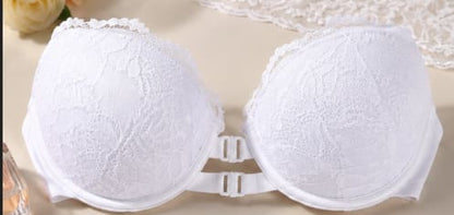 Women’s Strapless Front Closure Push Up Lace Bra – White Padded Backless Tube Bra for Off Shoulder Dresses