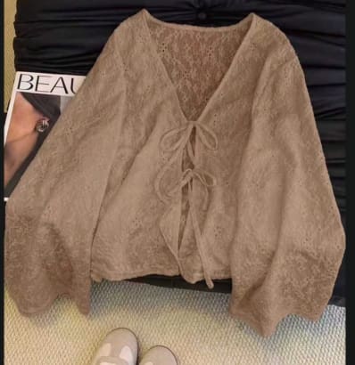 SHEIN Women’s Beige Lace Tie Front Blouse – Long Sleeve Embroidered Casual Top, SHEIN Fast Delivery in 5 Days