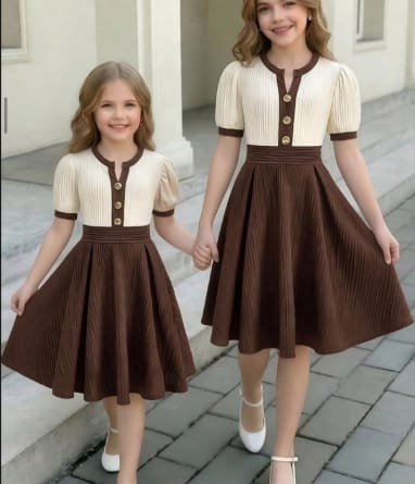 SHEIN Girls’ Cream & Brown Pleated Dress – Short Sleeve Button Front Elegant Dress, SHEIN Fast Delivery in 5 Days