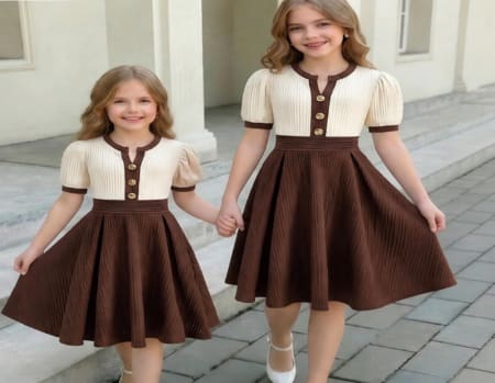 SHEIN Girls’ Cream & Brown Pleated Dress – Short Sleeve Button Front Elegant Dress, SHEIN Fast Delivery in 5 Days