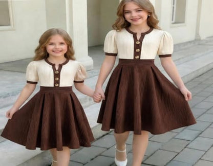 SHEIN Girls’ Cream & Brown Pleated Dress – Short Sleeve Button Front Elegant Dress, SHEIN Fast Delivery in 5 Days