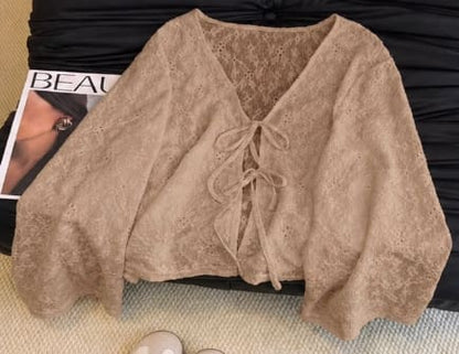 SHEIN Women’s Beige Lace Tie Front Blouse – Long Sleeve Embroidered Casual Top, SHEIN Fast Delivery in 5 Days