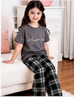 SHEIN Girls’ Grey Have Fun Pajama Set – Short Sleeve Top & Plaid Pants, SHEIN Fast Delivery in 5 Days