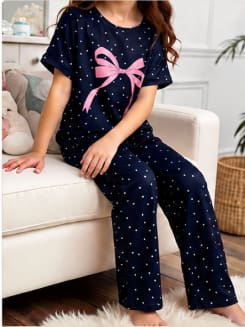 SHEIN Girls’ Navy Polka Dot Pajama Set with Pink Bow Print – Short Sleeve Sleepwear, SHEIN Fast Delivery in 5 Days