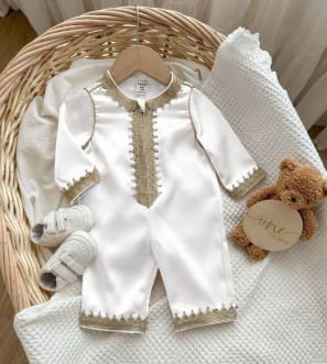 SHEIN Baby White Embroidered Kaftan Romper – Long Sleeve Eid Outfit, SHEIN Fast Delivery in 5 Days
