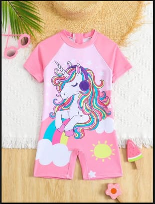 SHEIN Kids’ Pink Unicorn Print Swimsuit – Short Sleeve One Piece Beachwear, SHEIN Fast Delivery in 5 Days