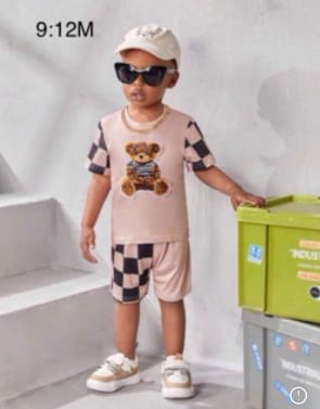 SHEIN Boys’ Beige Teddy Bear T-Shirt & Shorts Set – Checkered Casual Summer Outfit, SHEIN Fast Delivery in 5 Days