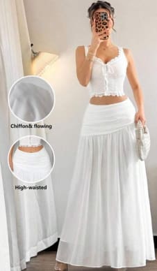 SHEIN Women’s White Chiffon Maxi Skirt Set – Lace Crop Top & High Waist Flowing Skirt, SHEIN Fast Delivery in 5 Days