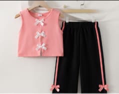 SHEIN Girls’ Pink Bow Top & Black Wide Leg Pants Set – Casual Two Piece Outfit, SHEIN Fast Delivery in 5 Days