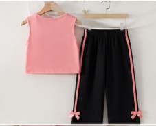 SHEIN Girls’ Pink Bow Top & Black Wide Leg Pants Set – Casual Two Piece Outfit, SHEIN Fast Delivery in 5 Days